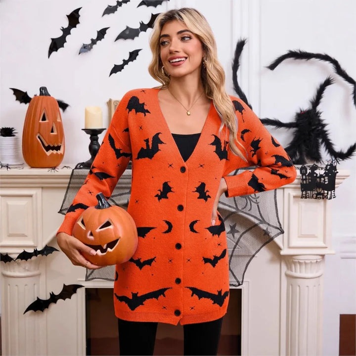 Spooky Bat Jacquard Open-Front Halloween Cardigan | Cute Oversized Fall Sweater
