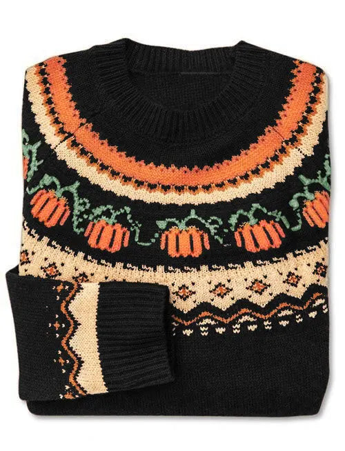 Festive Pumpkin Jacquard Halloween Women's Crewneck Knit Sweater | Casual Holiday Pullover