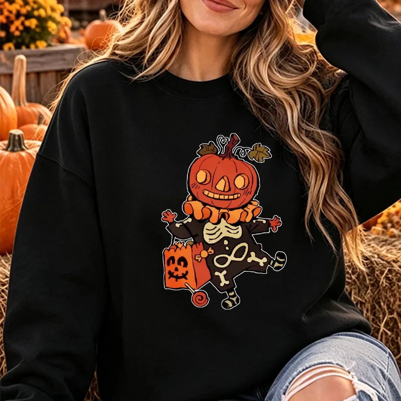 Spooky Pumpkin Head & Skeleton Clown Halloween Fleece Sweatshirt | Casual Trick-or-Treat Pullover