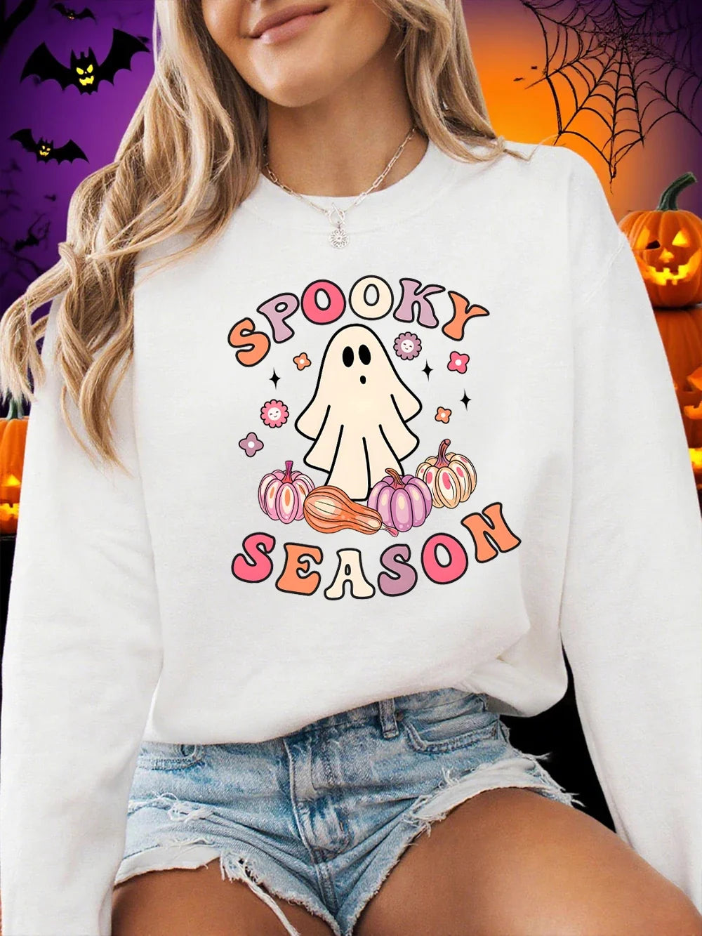 Spooky Season Ghost Print Fleece Halloween Sweatshirt