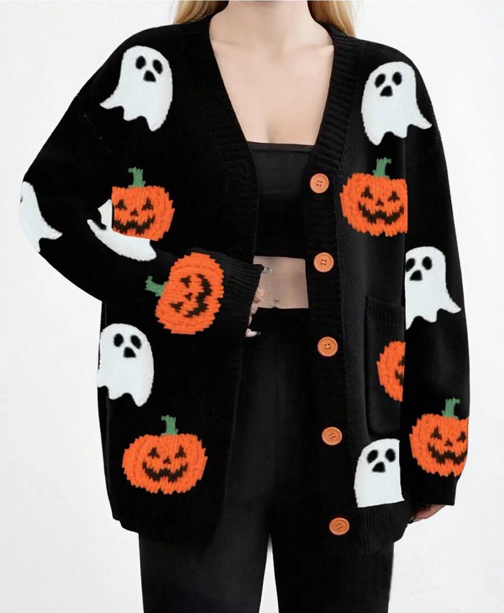 Women's Pumpkin Pattern Knitted Halloween Cardigan | Oversized Open-Front Fall Sweater