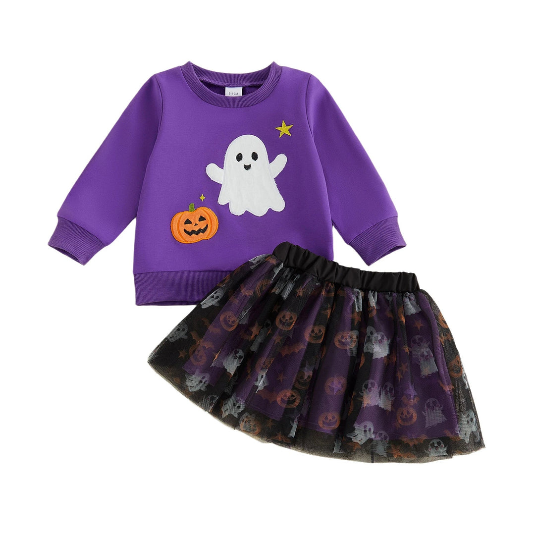 Toddler Girls Ghost Pumpkin Embroidery Outfit Set