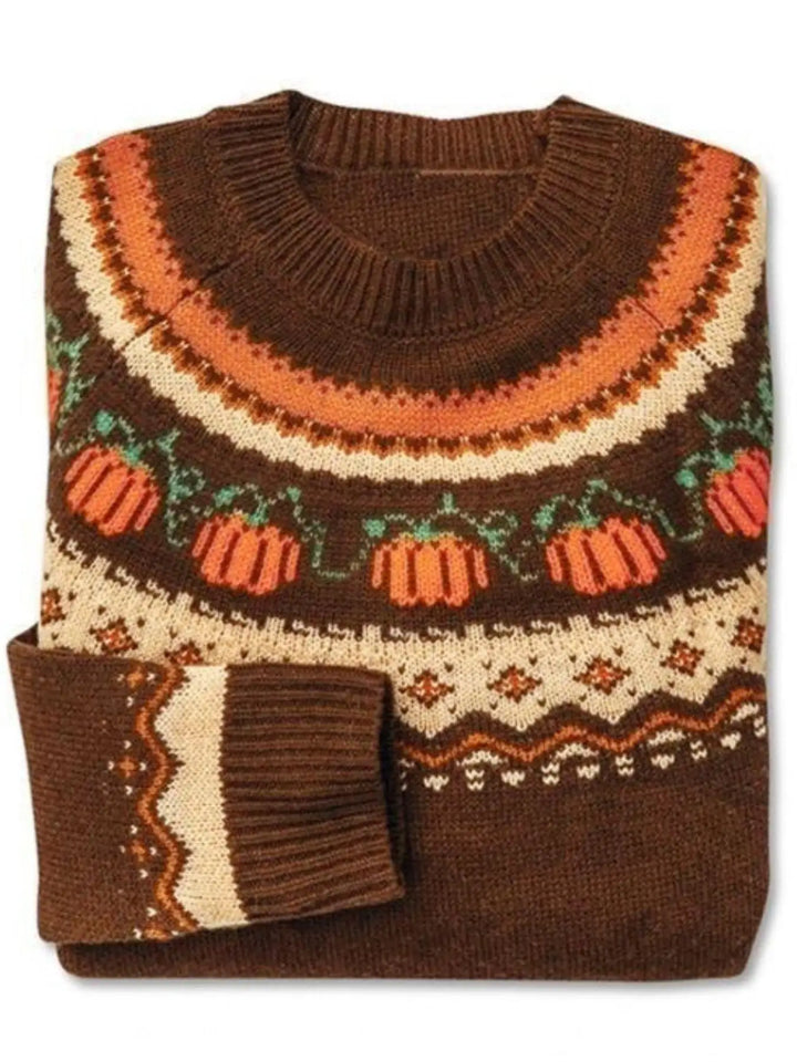 Festive Pumpkin Jacquard Halloween Women's Crewneck Knit Sweater | Casual Holiday Pullover