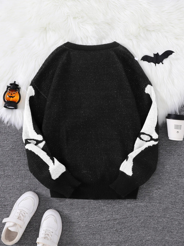 Spooky Skeleton Jacquard Colorblock Halloween Men's Knit Sweater | Crewneck Fall Pullover