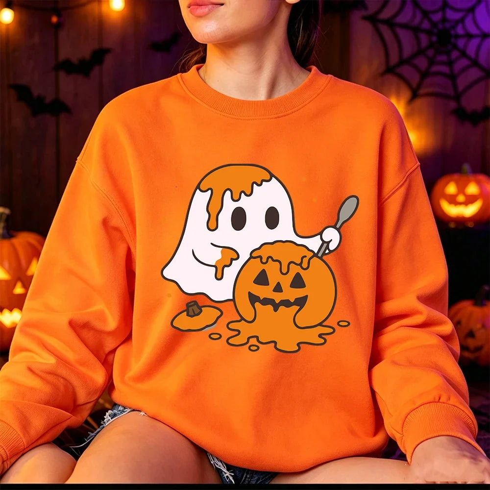 Women's Cute Ghost Print Fleece Halloween Sweatshirt