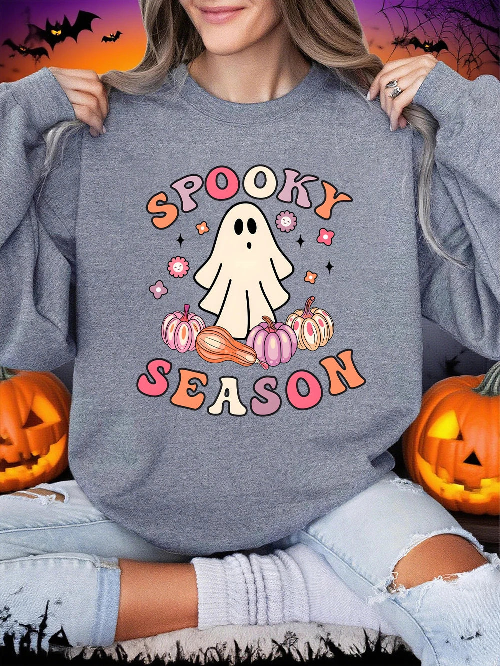 Spooky Season Ghost Print Fleece Halloween Sweatshirt