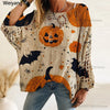 Spooky Pumpkin & Bat Print Halloween Women's Oversized Pullover | Casual Fall Knit Top