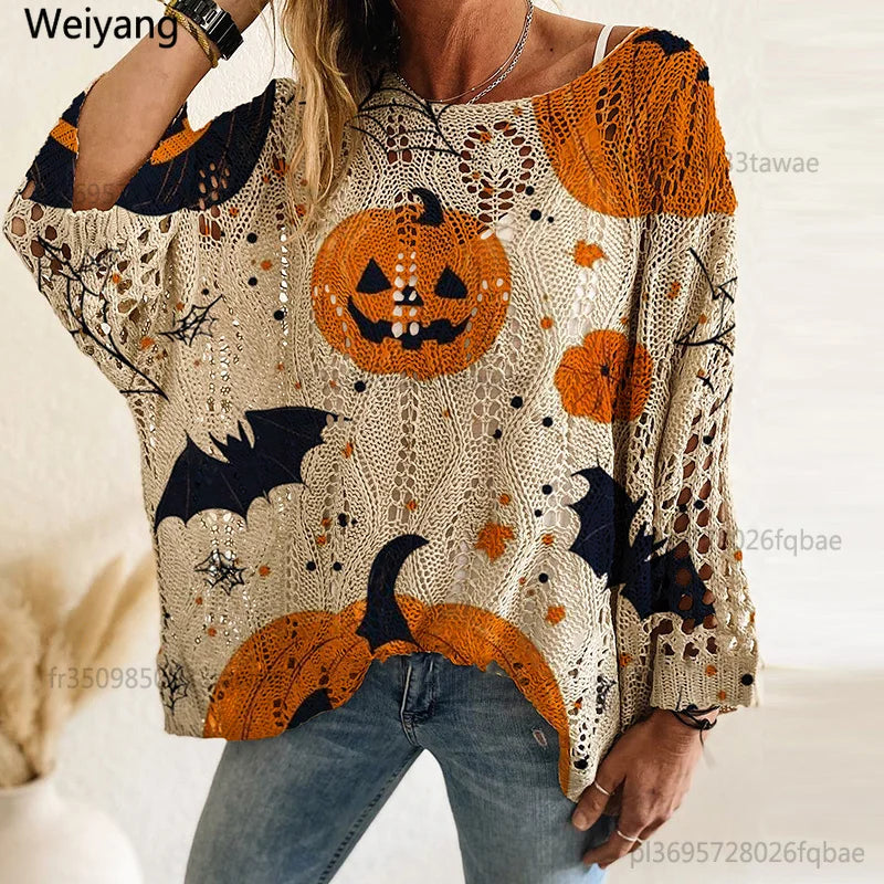 Spooky Pumpkin & Bat Print Halloween Women's Oversized Pullover | Casual Fall Knit Top