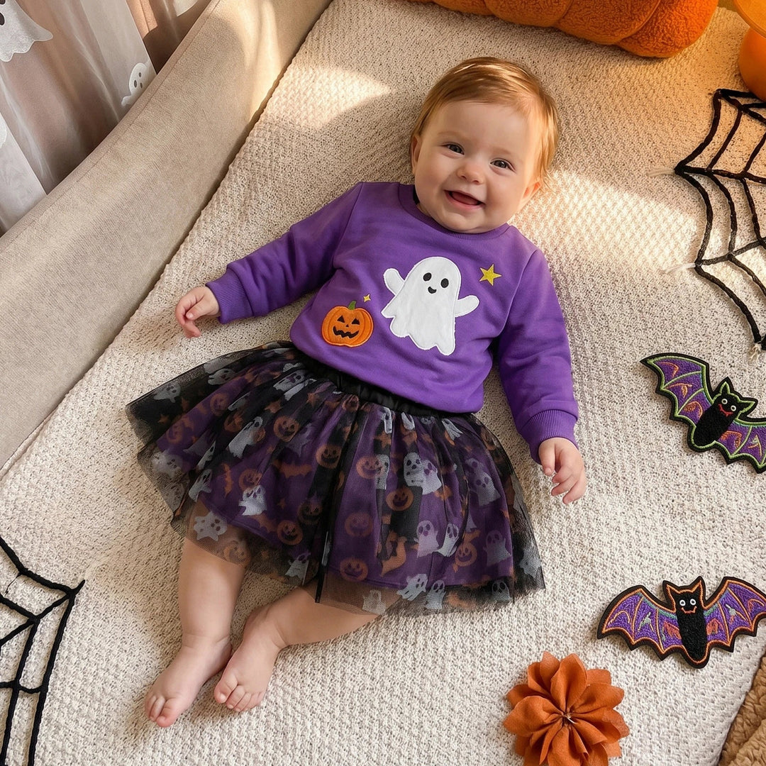 Toddler Girls Ghost Pumpkin Embroidery Outfit Set