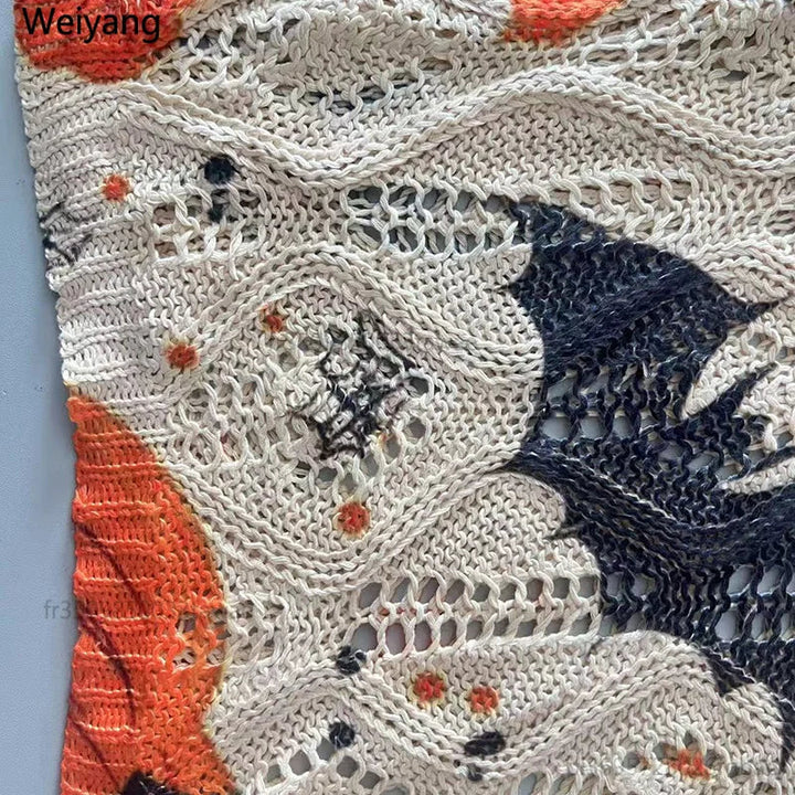 Spooky Pumpkin & Bat Print Halloween Women's Oversized Pullover | Casual Fall Knit Top