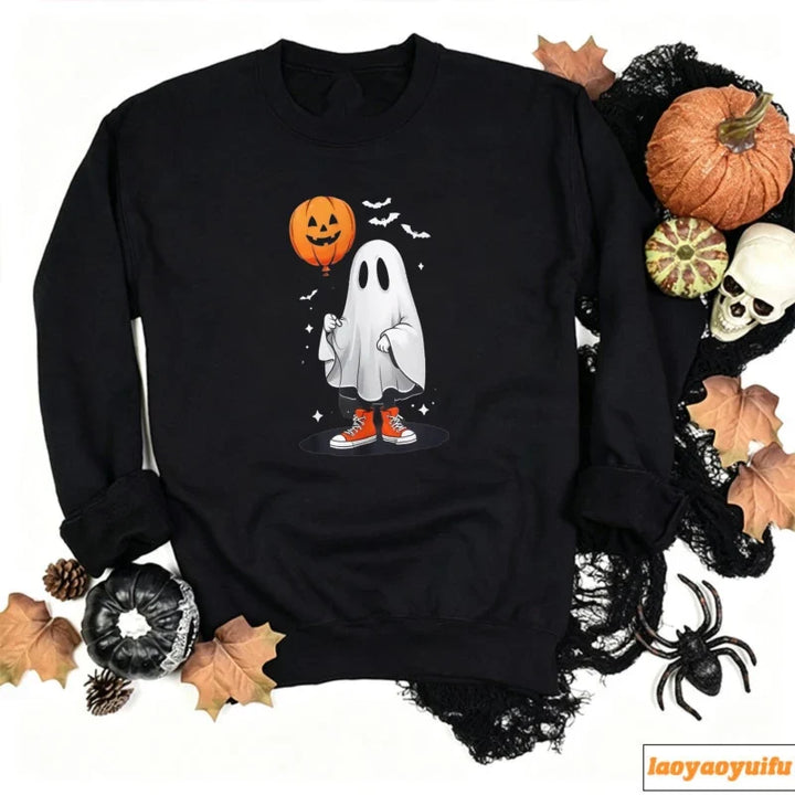 Ghost with Pumpkin Balloon Halloween Sweatshirt