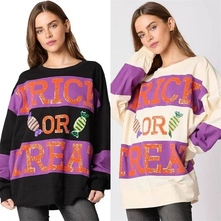 Spooky Sequined Letter Candy Halloween Pullover Hoodie | Cute Patchwork Fall Sweatshirt