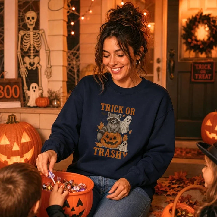 Spooky Raccoon Ghost Pumpkin Sweatshirt - Trick or Trashy Halloween Pullover