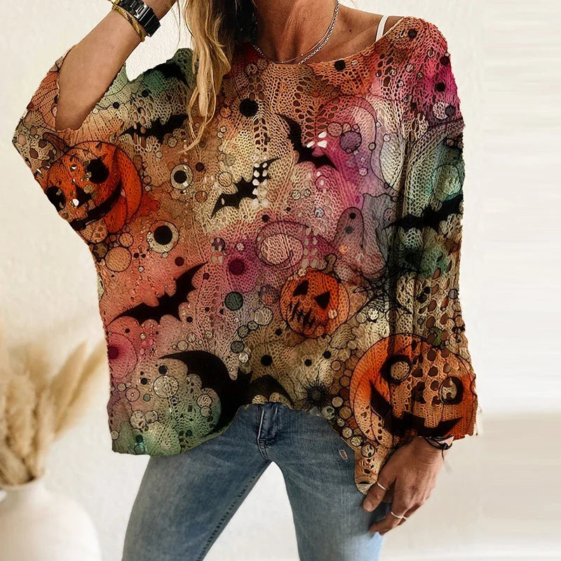 Spooky Pumpkin & Bat Print Halloween Women's Oversized Pullover | Casual Fall Knit Top