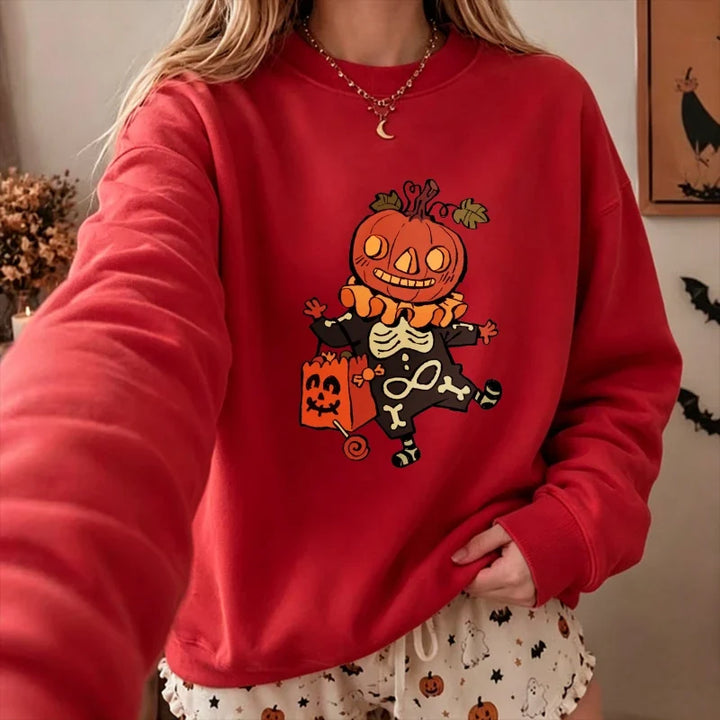 Spooky Pumpkin Head & Skeleton Clown Halloween Fleece Sweatshirt | Casual Trick-or-Treat Pullover