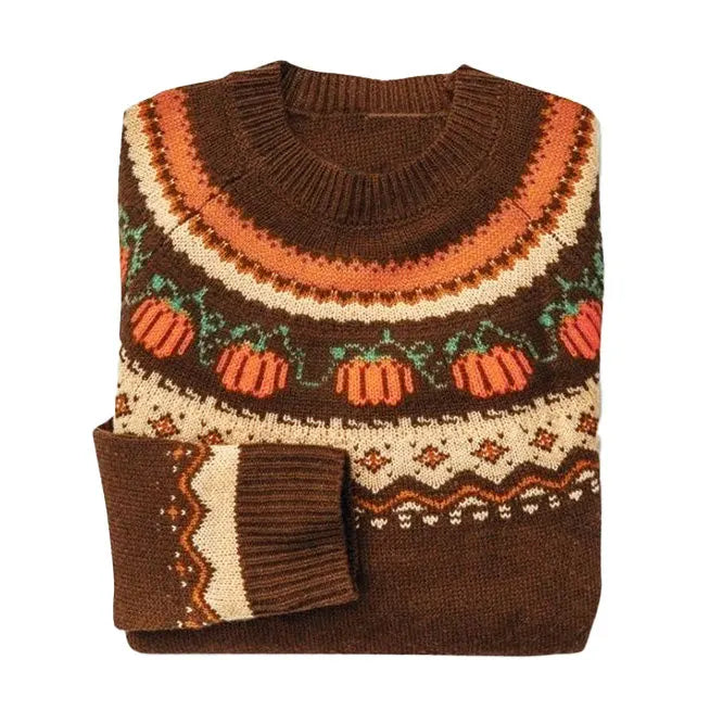 Festive Pumpkin Jacquard Halloween Women's Crewneck Knit Sweater | Casual Holiday Pullover