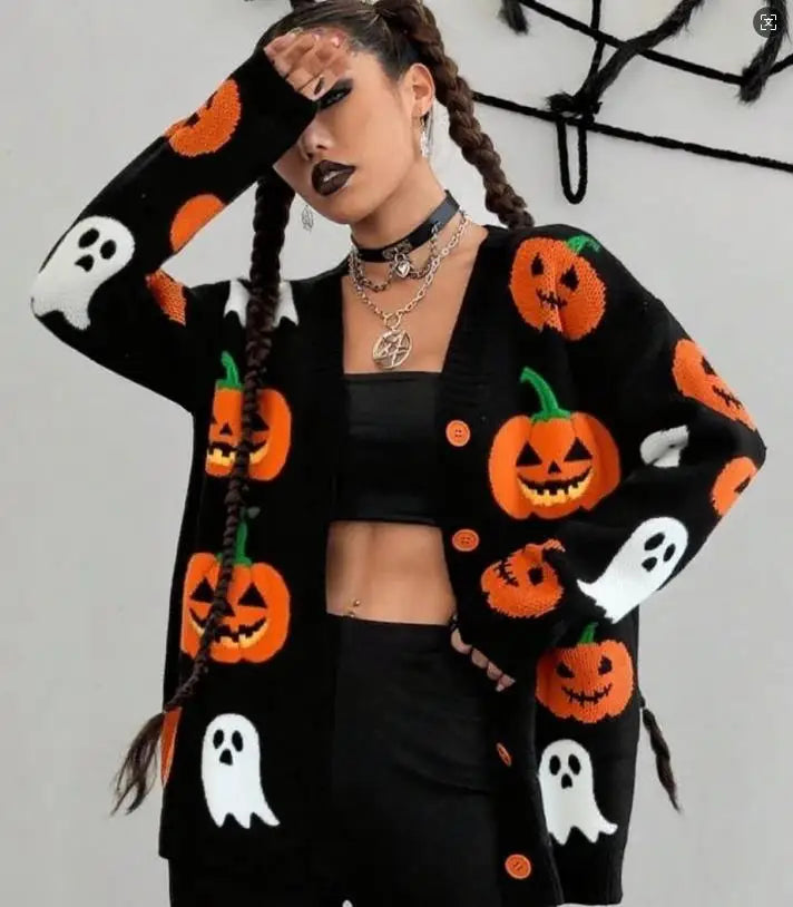 Women's Pumpkin Pattern Knitted Halloween Cardigan | Oversized Open-Front Fall Sweater