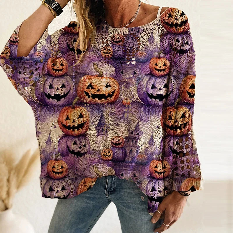 Spooky Pumpkin & Bat Print Halloween Women's Oversized Pullover | Casual Fall Knit Top
