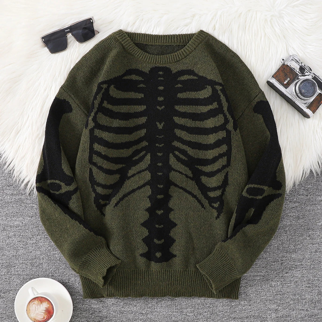 Spooky Skeleton Jacquard Colorblock Halloween Men's Knit Sweater | Crewneck Fall Pullover