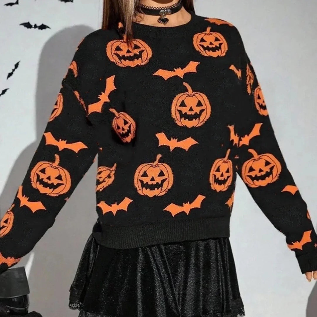 Spooky Pumpkin and Bat Print Halloween Pullover - Graphic Fall & Costume Sweater for Women