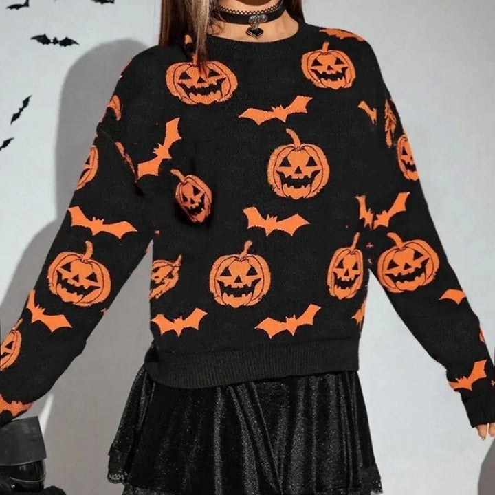 Spooky Pumpkin and Bat Print Halloween Pullover - Graphic Fall & Costume Sweater for Women