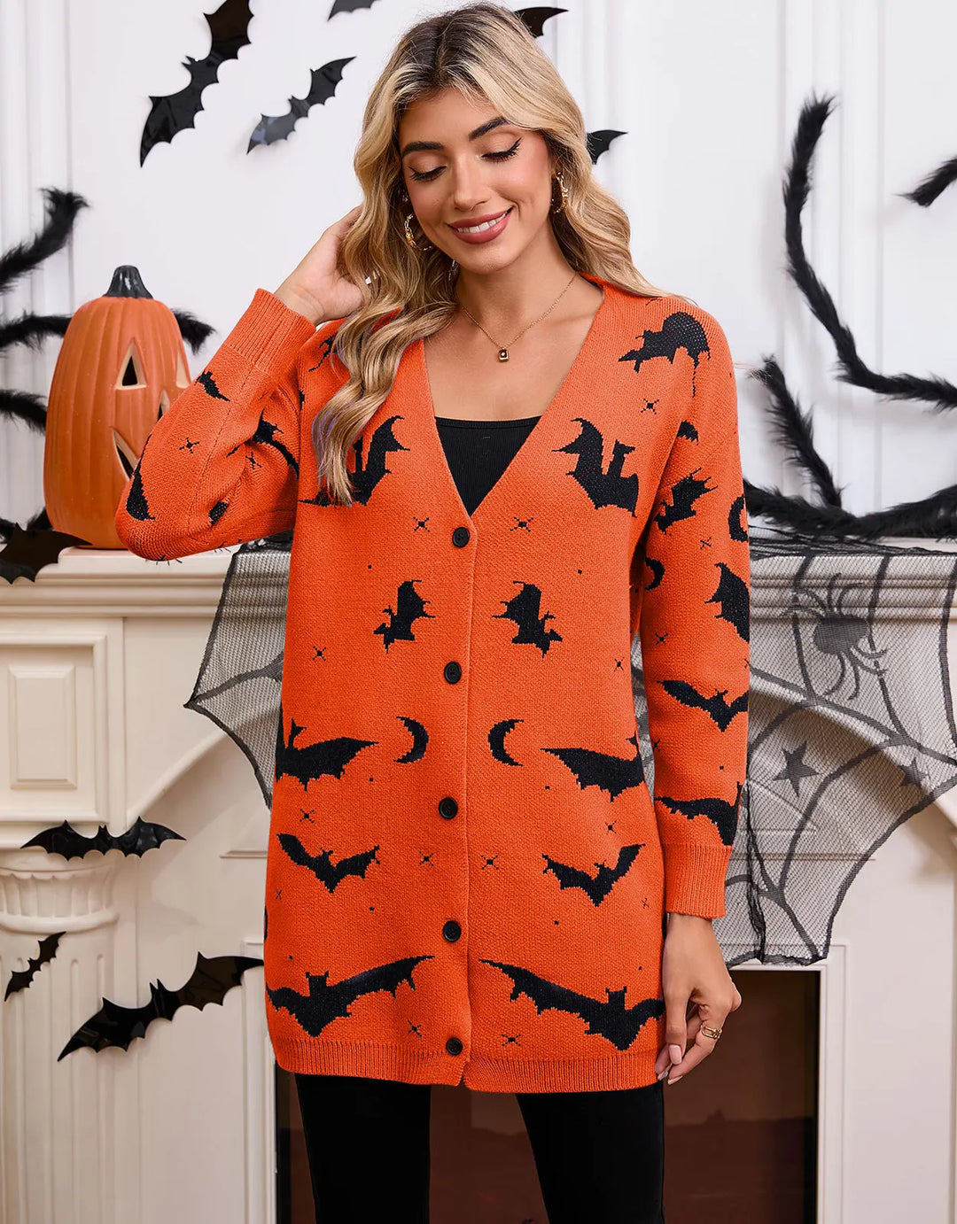 Spooky Bat Jacquard Open-Front Halloween Cardigan | Cute Oversized Fall Sweater