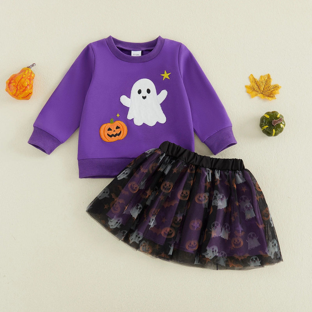 Toddler Girls Ghost Pumpkin Embroidery Outfit Set