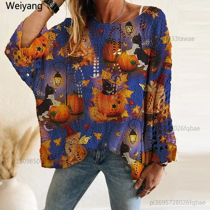Spooky Pumpkin & Bat Print Halloween Women's Oversized Pullover | Casual Fall Knit Top