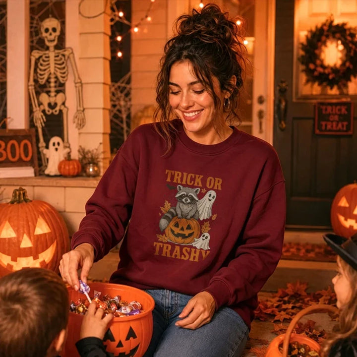 Spooky Raccoon Ghost Pumpkin Sweatshirt - Trick or Trashy Halloween Pullover
