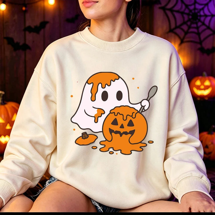 Women's Cute Ghost Print Fleece Halloween Sweatshirt