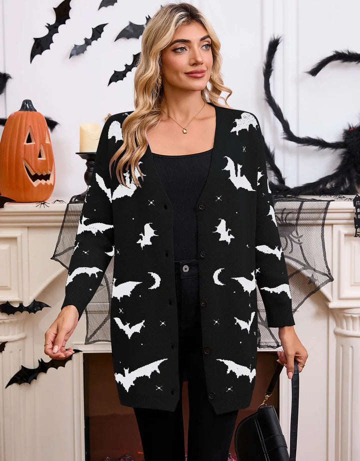 Spooky Bat Jacquard Open-Front Halloween Cardigan | Cute Oversized Fall Sweater