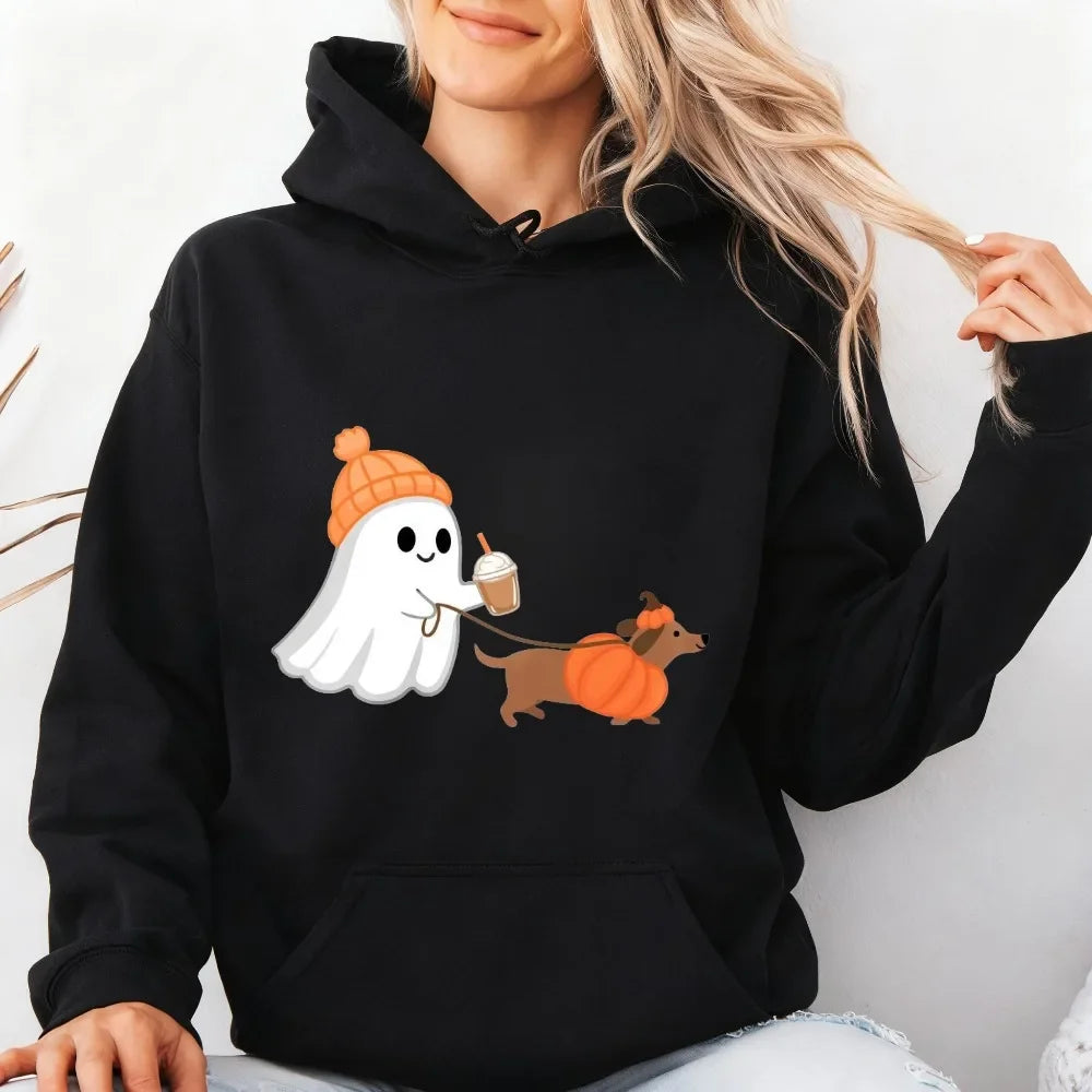 Ghost Walking Dachshund Halloween Hoodie Unisex