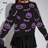 Spooky Pumpkin and Bat Print Halloween Pullover - Graphic Fall & Costume Sweater for Women