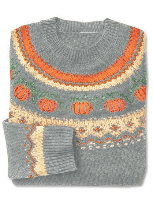 Festive Pumpkin Jacquard Halloween Women's Crewneck Knit Sweater | Casual Holiday Pullover