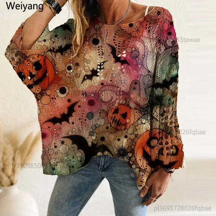 Spooky Pumpkin & Bat Print Halloween Women's Oversized Pullover | Casual Fall Knit Top