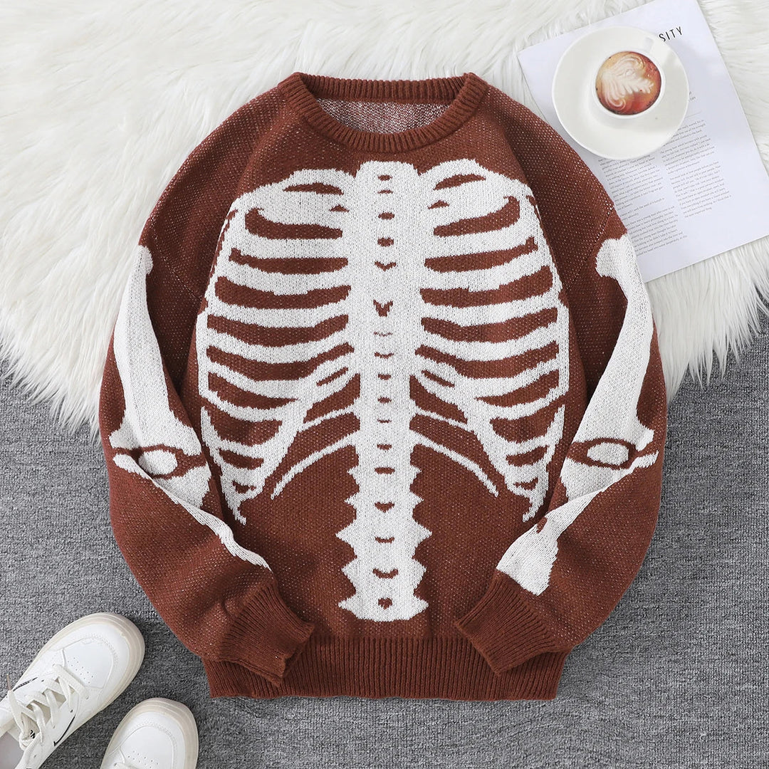 Spooky Skeleton Jacquard Colorblock Halloween Men's Knit Sweater | Crewneck Fall Pullover