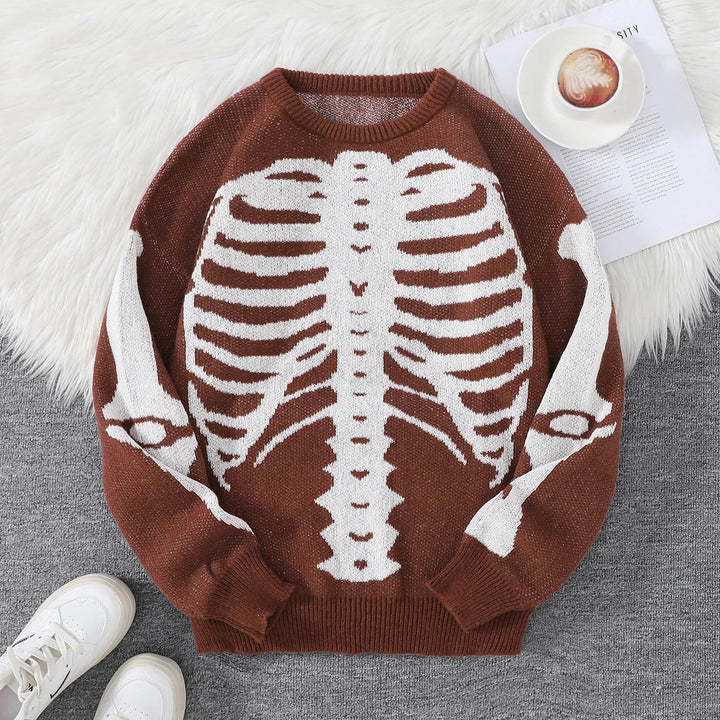 Spooky Skeleton Jacquard Colorblock Halloween Men's Knit Sweater | Crewneck Fall Pullover