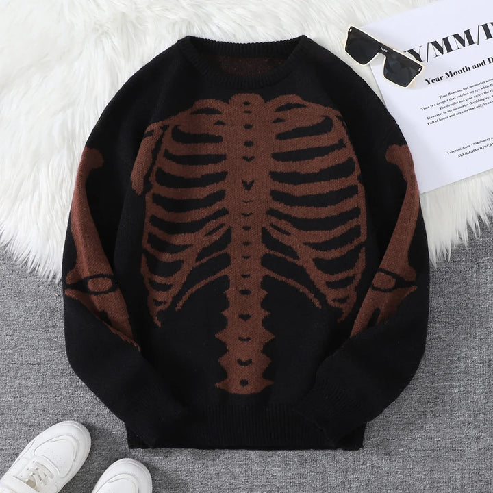 Spooky Skeleton Jacquard Colorblock Halloween Men's Knit Sweater | Crewneck Fall Pullover