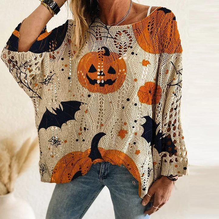 Spooky Pumpkin & Bat Print Halloween Women's Oversized Pullover | Casual Fall Knit Top