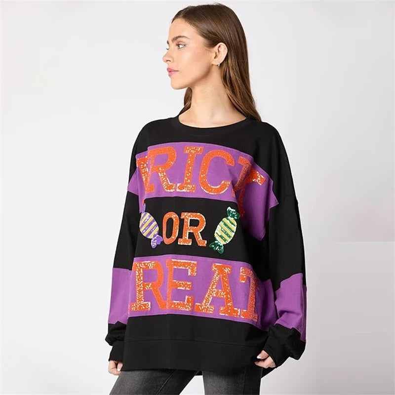 Spooky Sequined Letter Candy Halloween Pullover Hoodie | Cute Patchwork Fall Sweatshirt