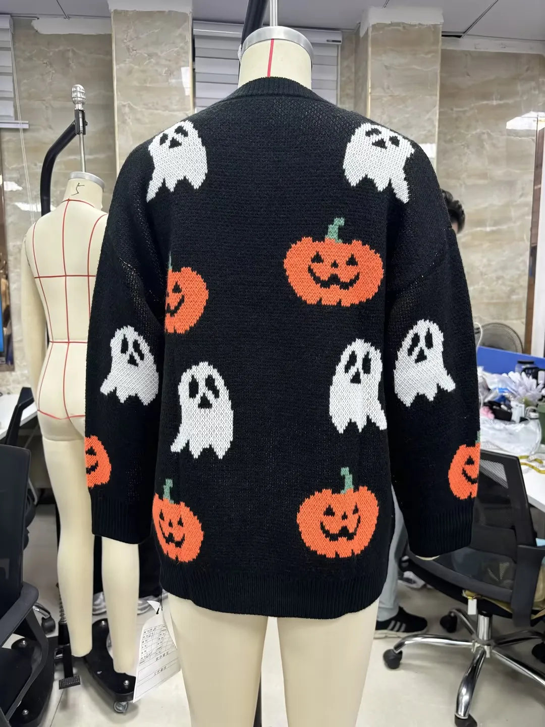 Women's Pumpkin Pattern Knitted Halloween Cardigan | Oversized Open-Front Fall Sweater