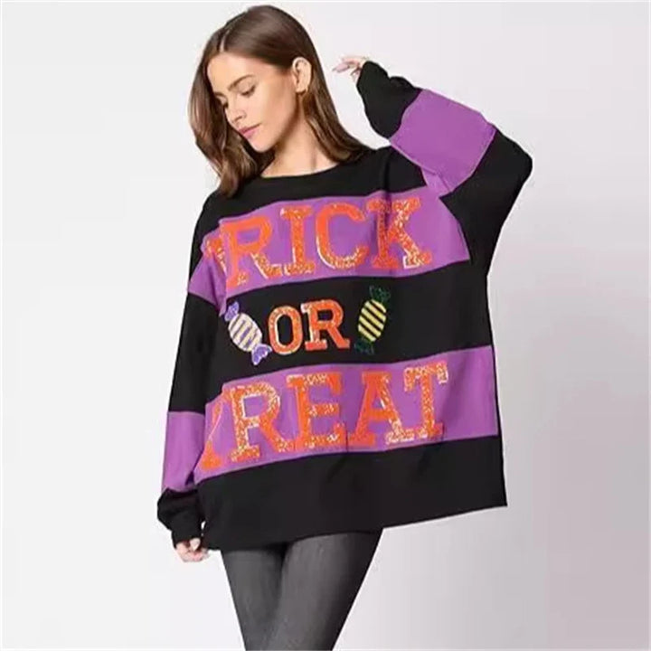 Spooky Sequined Letter Candy Halloween Pullover Hoodie | Cute Patchwork Fall Sweatshirt