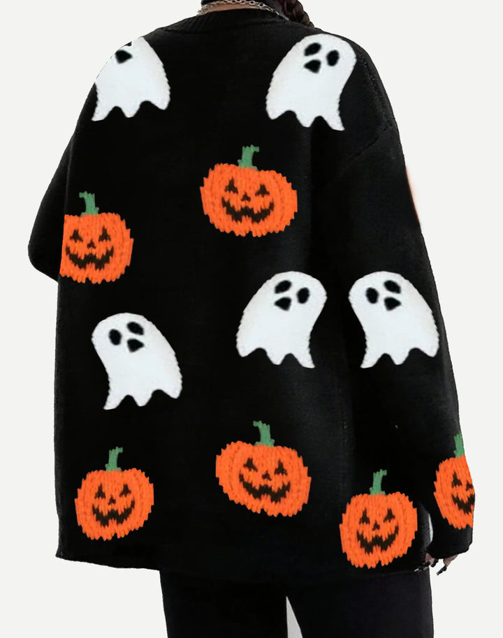 Women's Pumpkin Pattern Knitted Halloween Cardigan | Oversized Open-Front Fall Sweater