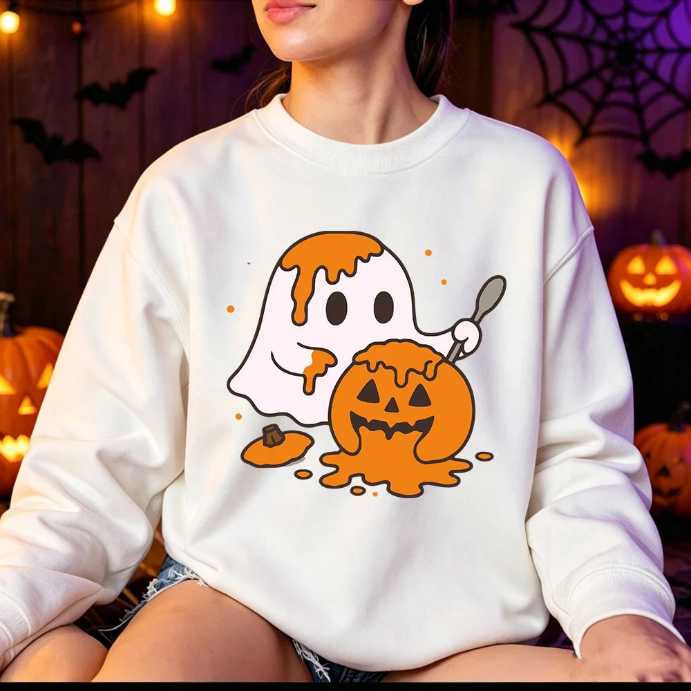 Women's Cute Ghost Print Fleece Halloween Sweatshirt