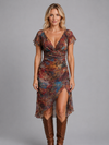 Women’s Ruffle Sleeve Midi Dress – Ruched Side Split Boho Style