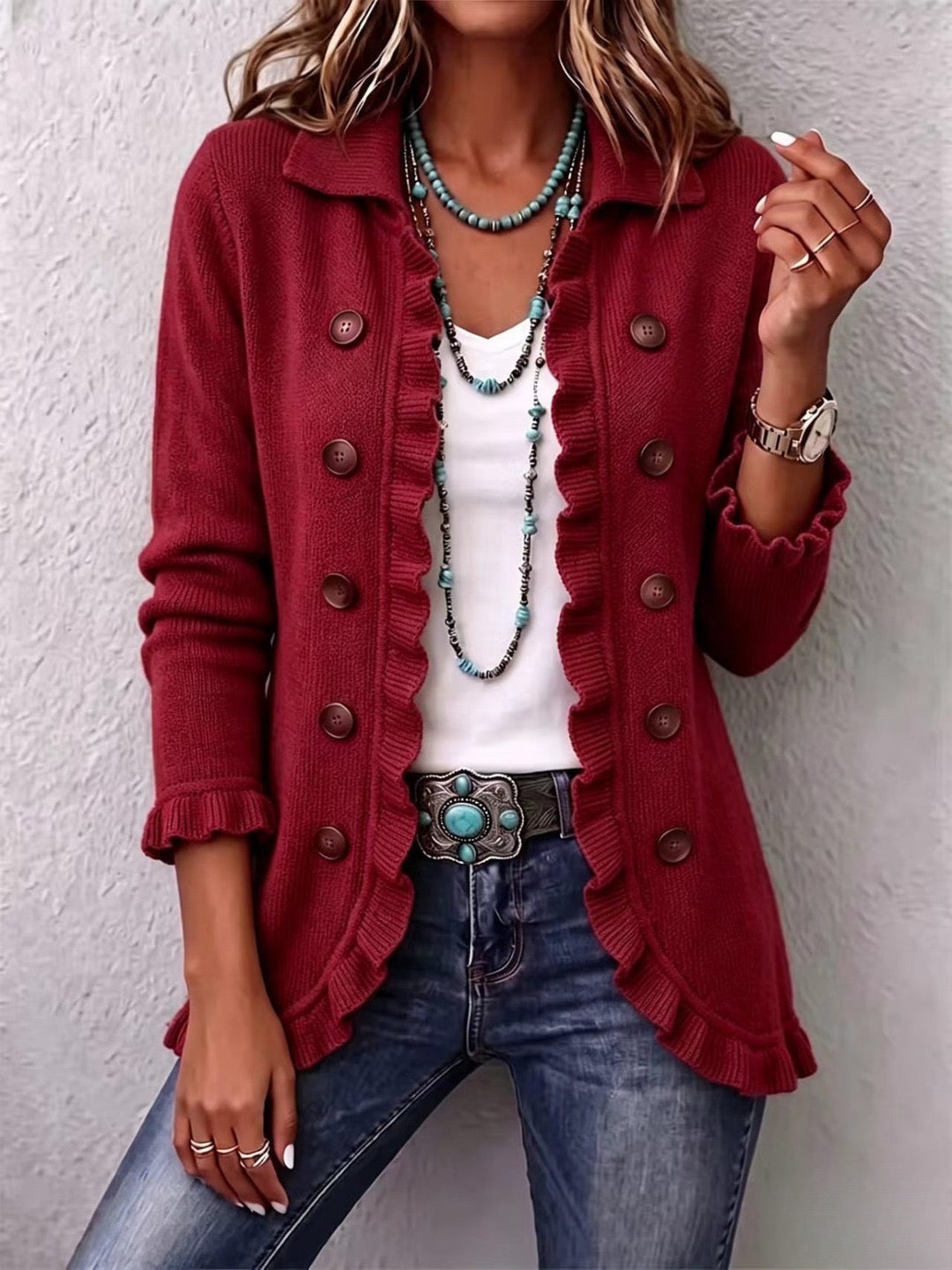 Rosalía | Ruby Red Ruffled Cardigan