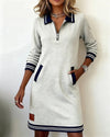 Ivy | Women's Zip Collar Sweatshirt Dress | Striped Cuffs