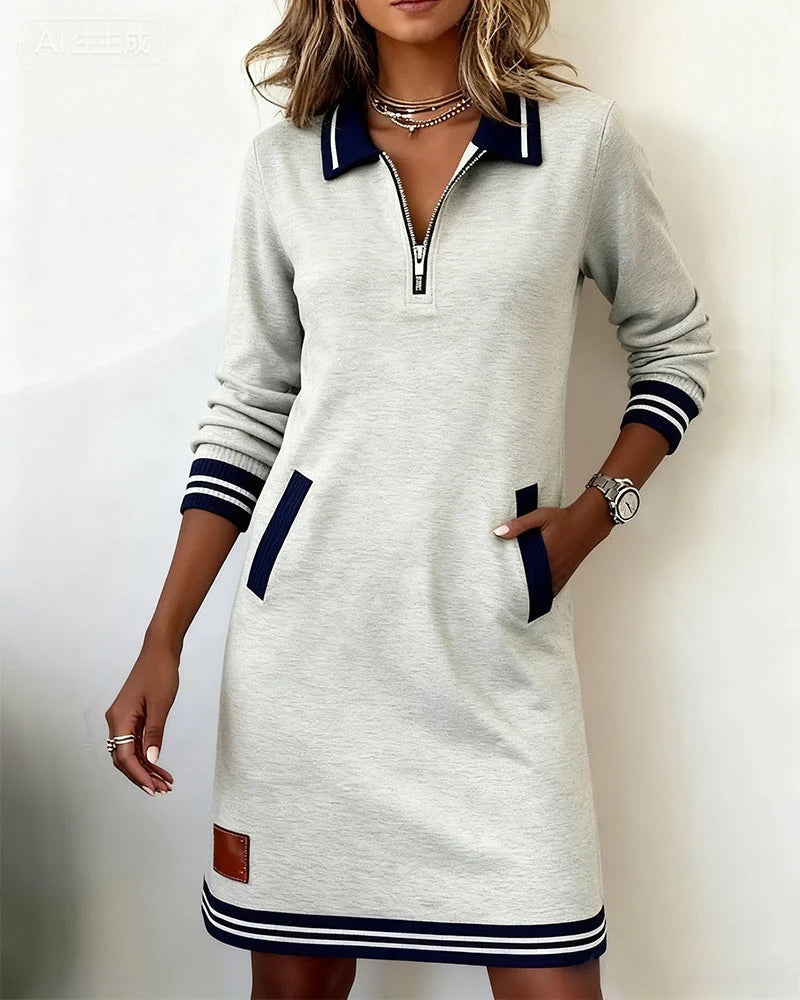 Ivy | Women's Zip Collar Sweatshirt Dress | Striped Cuffs