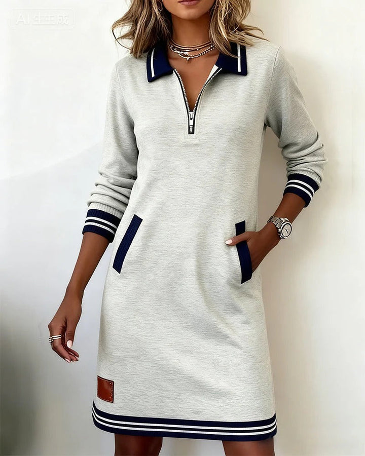 Ivy | Women's Zip Collar Sweatshirt Dress | Striped Cuffs