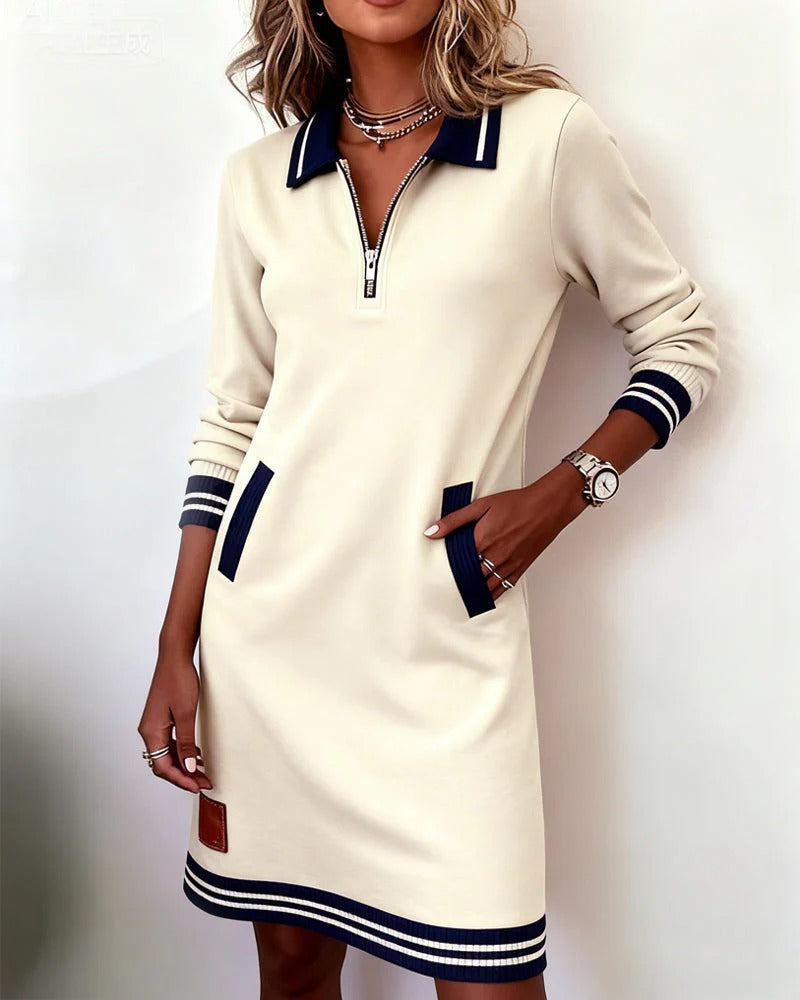 Ivy | Women's Zip Collar Sweatshirt Dress | Striped Cuffs